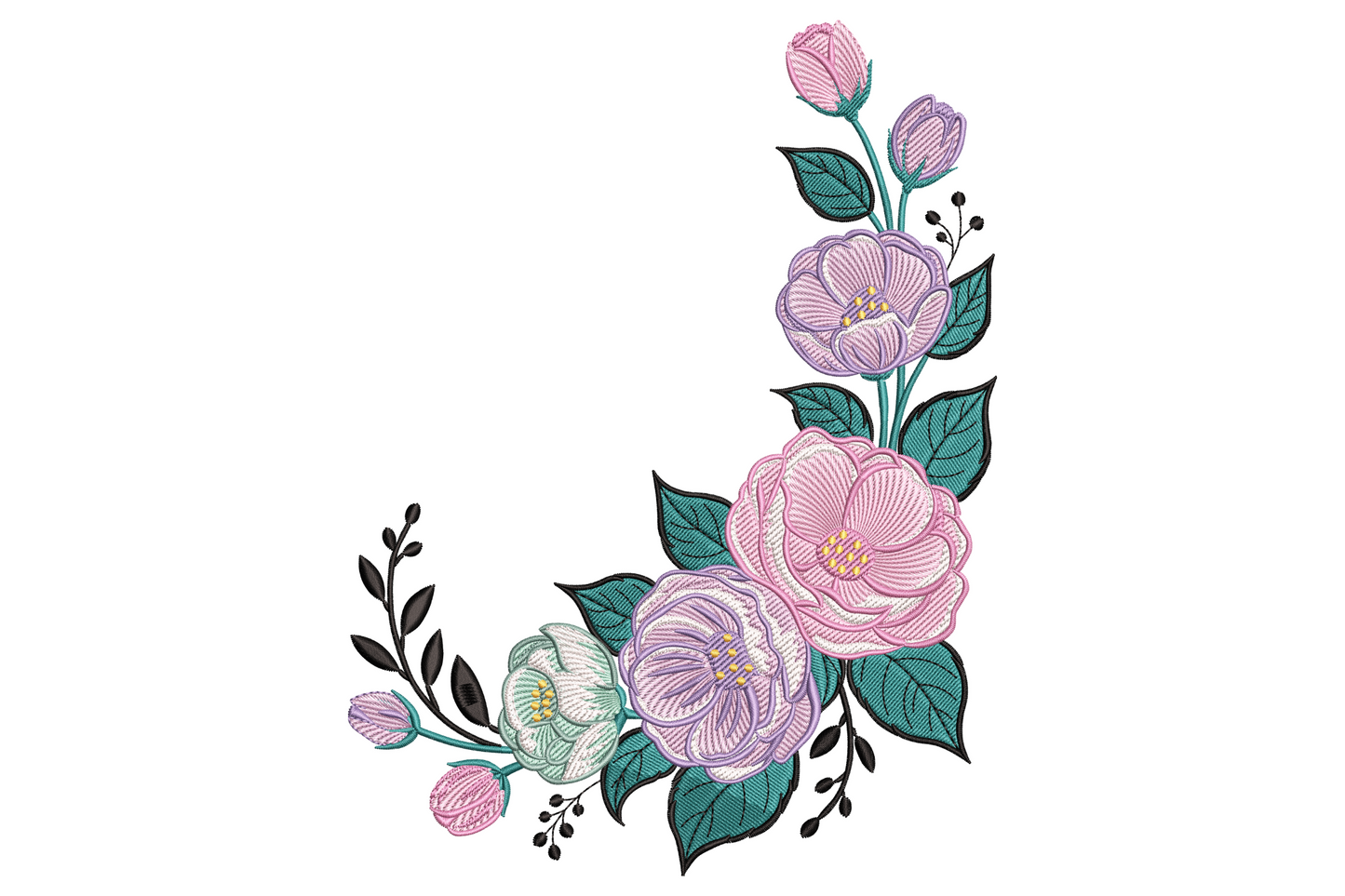 Corner bouquet embroidery with pink camellia roses, mauve buds and dark green leaves arranged in an L-shape with black filler sprigs.