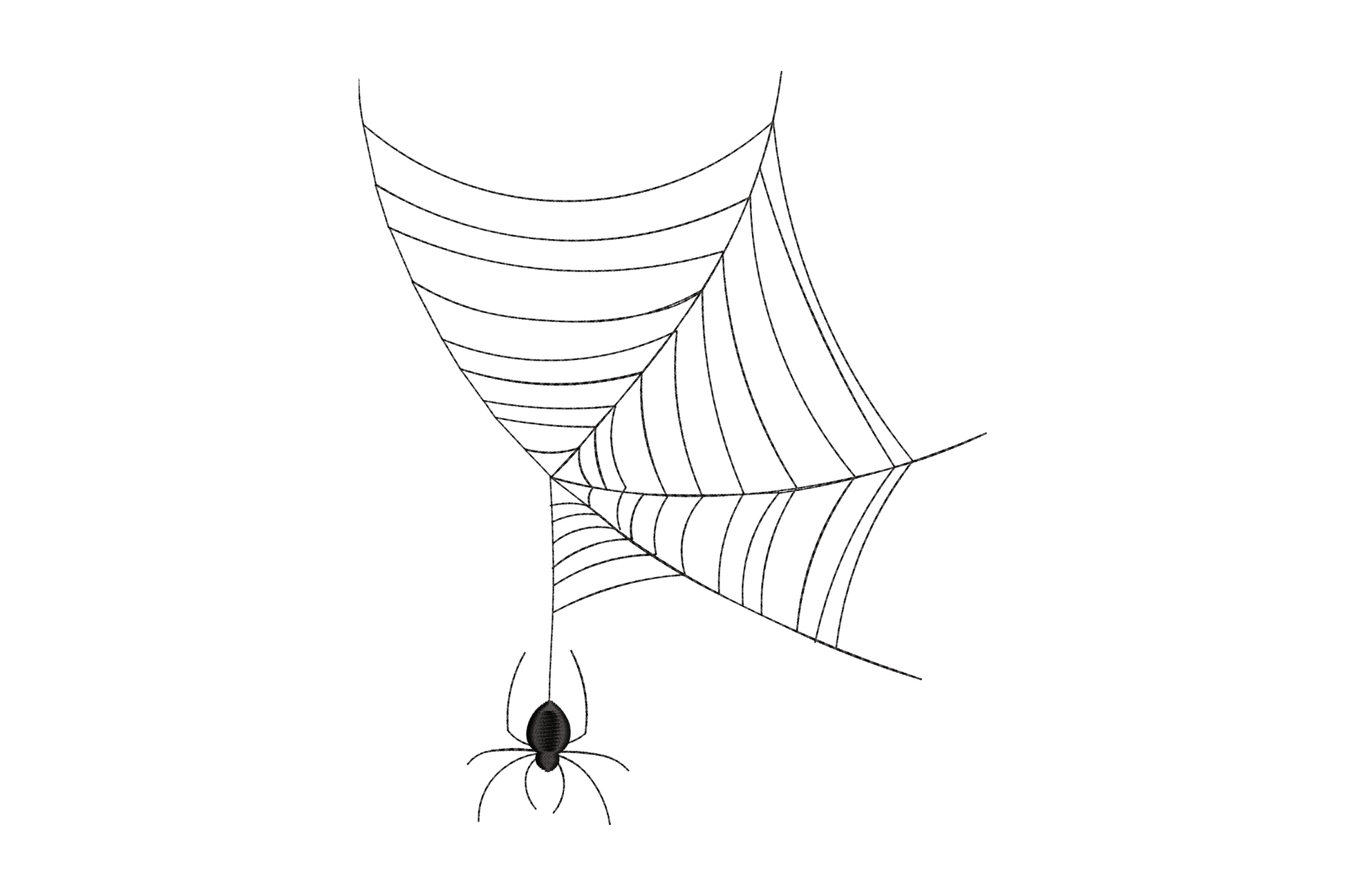 Corner spider web embroidery design with hanging spider on drop thread in black thread, halloween pattern