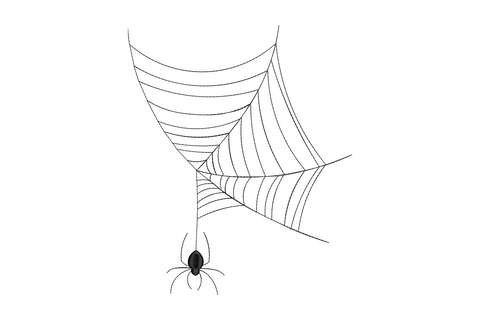 Corner spider web embroidery design with hanging spider on drop thread in black thread, halloween pattern
