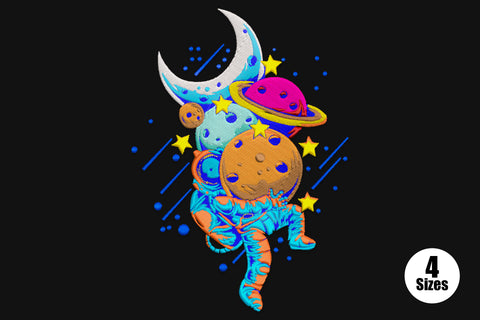 Cartoon astronaut floating in space embroidery with planets, stars and crescent moon in 12 colours on white background