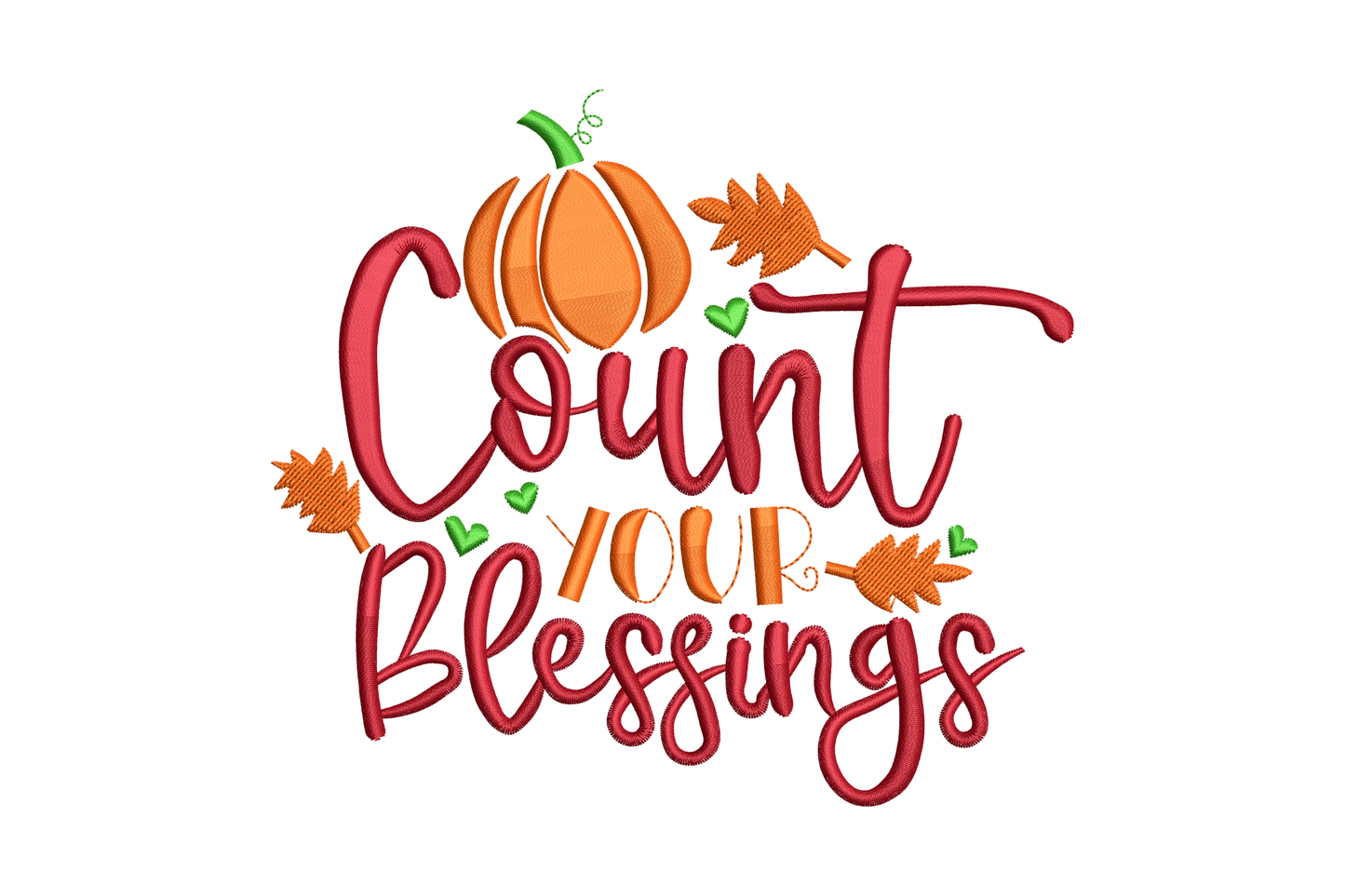 Count your blessings quote in brick red cursive with small orange block your, tiny pumpkin and scattered fall leaves.