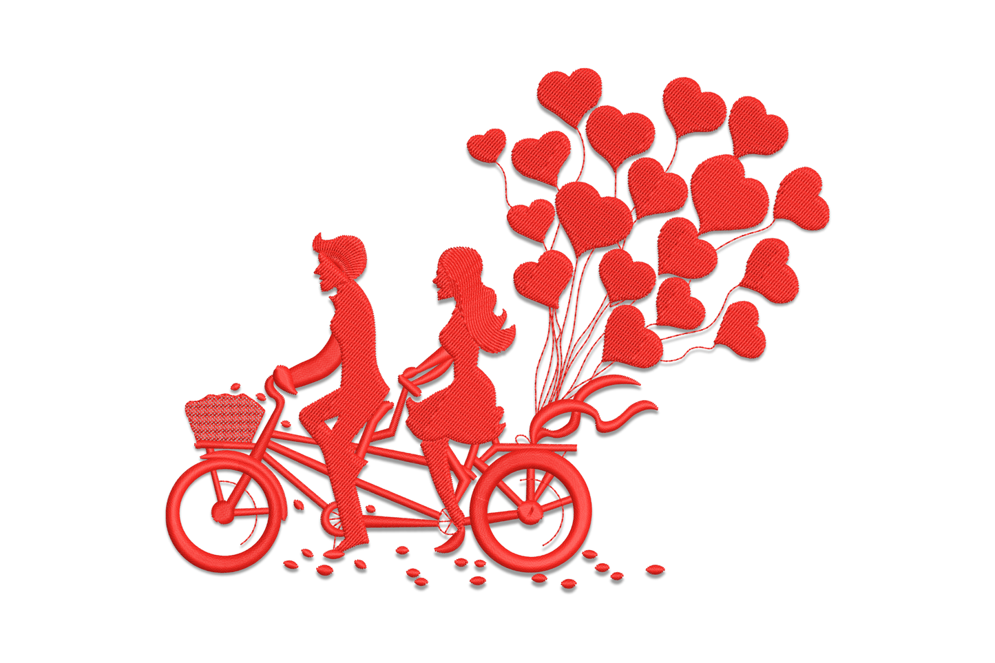Couple bicycle heart balloons embroidery design with a red silhouette of two riders on a tandem bike and a cluster of heart balloons above