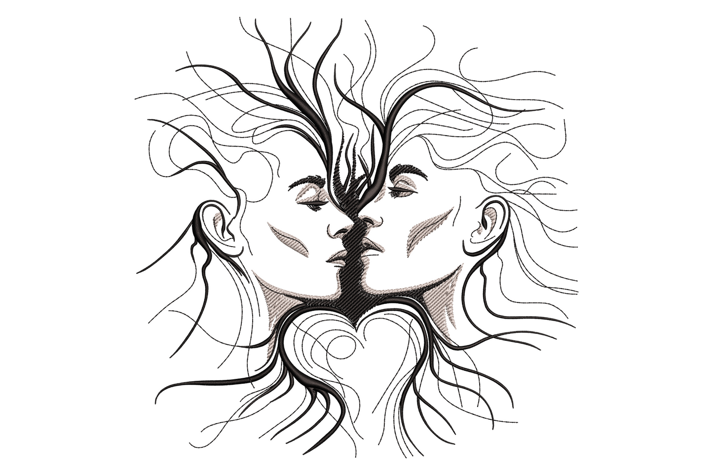 Couple face heart line art embroidery design, two profile faces almost kissing with hair flowing into a heart below