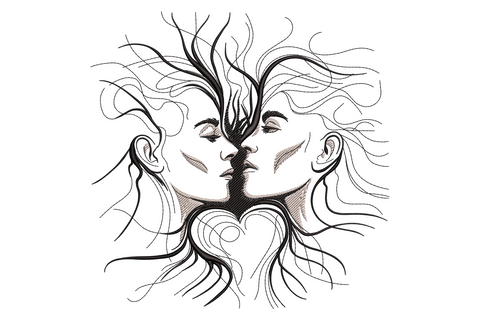 Couple face heart line art embroidery design, two profile faces almost kissing with hair flowing into a heart below