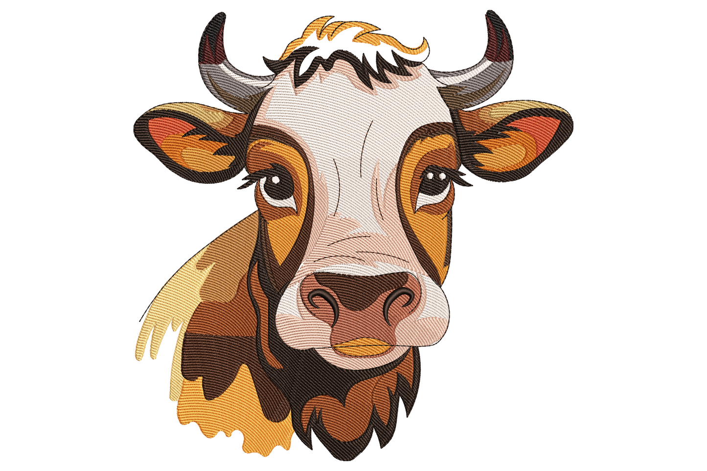Realistic cow head embroidery design with curved horns, layered tan brown fur, cream nose bridge and soulful brown eyes.