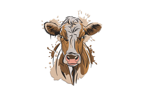 Cow head sketch embroidery design in farmhouse watercolour style with layered brown shading, pink muzzle, wide eyes and soft splash background.