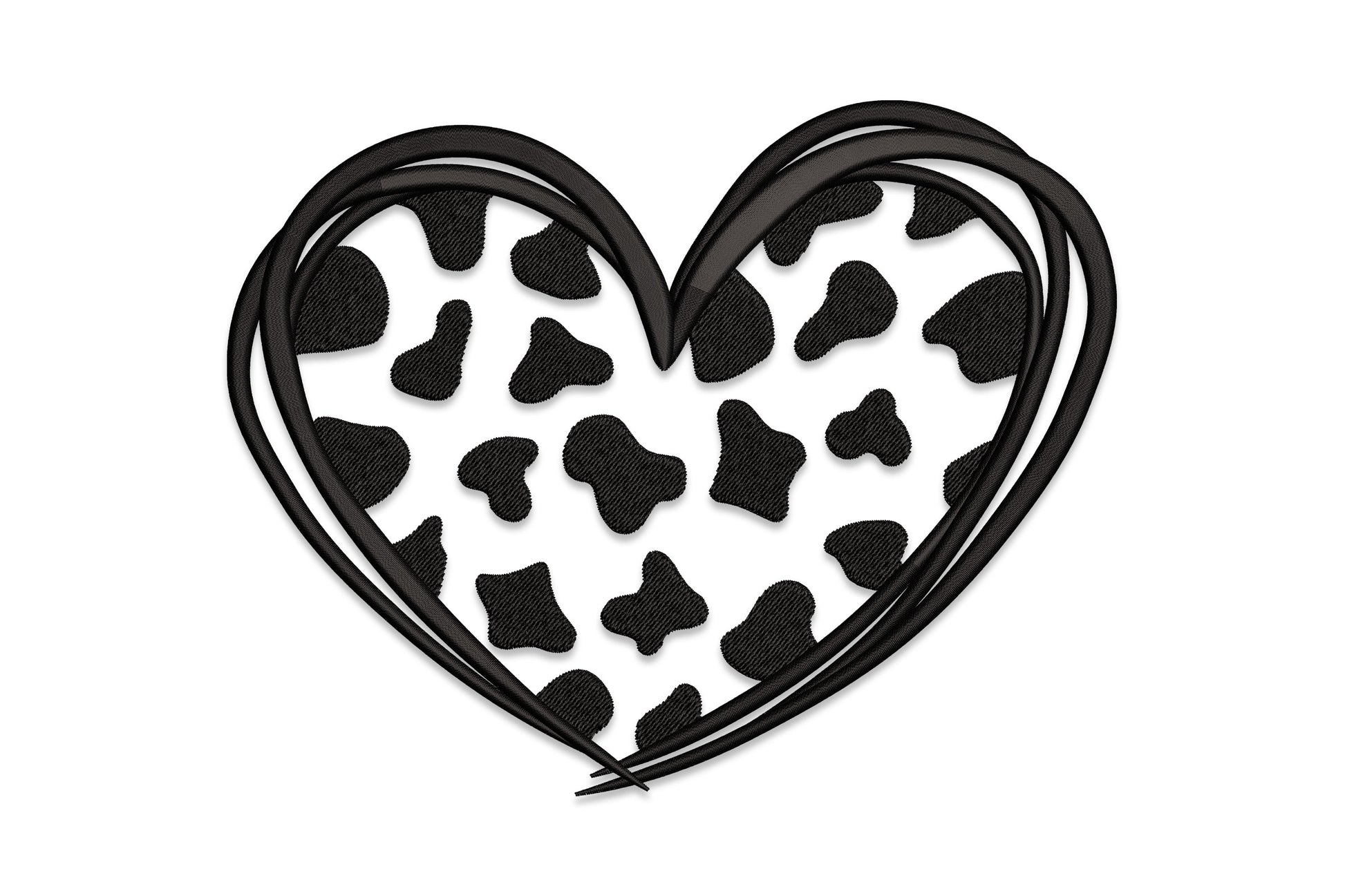 Cow print heart embroidery design showing Holstein-style blotch patches filling a heart silhouette, single colour satin fill at density 494 stitched on farmhouse fabric