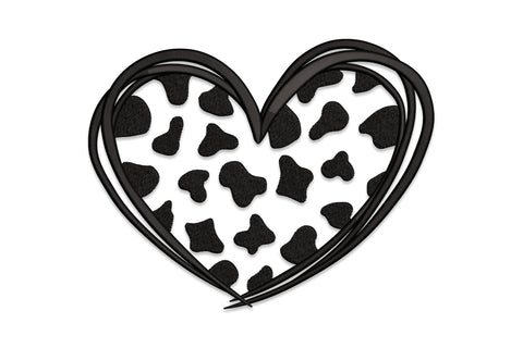 Cow print heart embroidery design showing Holstein-style blotch patches filling a heart silhouette, single colour satin fill at density 494 stitched on farmhouse fabric