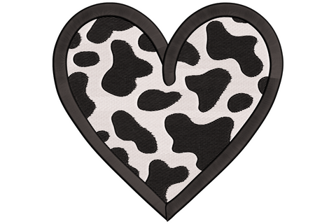 Cow print heart embroidery design, bold black and white patches inside a thick-bordered heart shape, clean two-colour graphic.