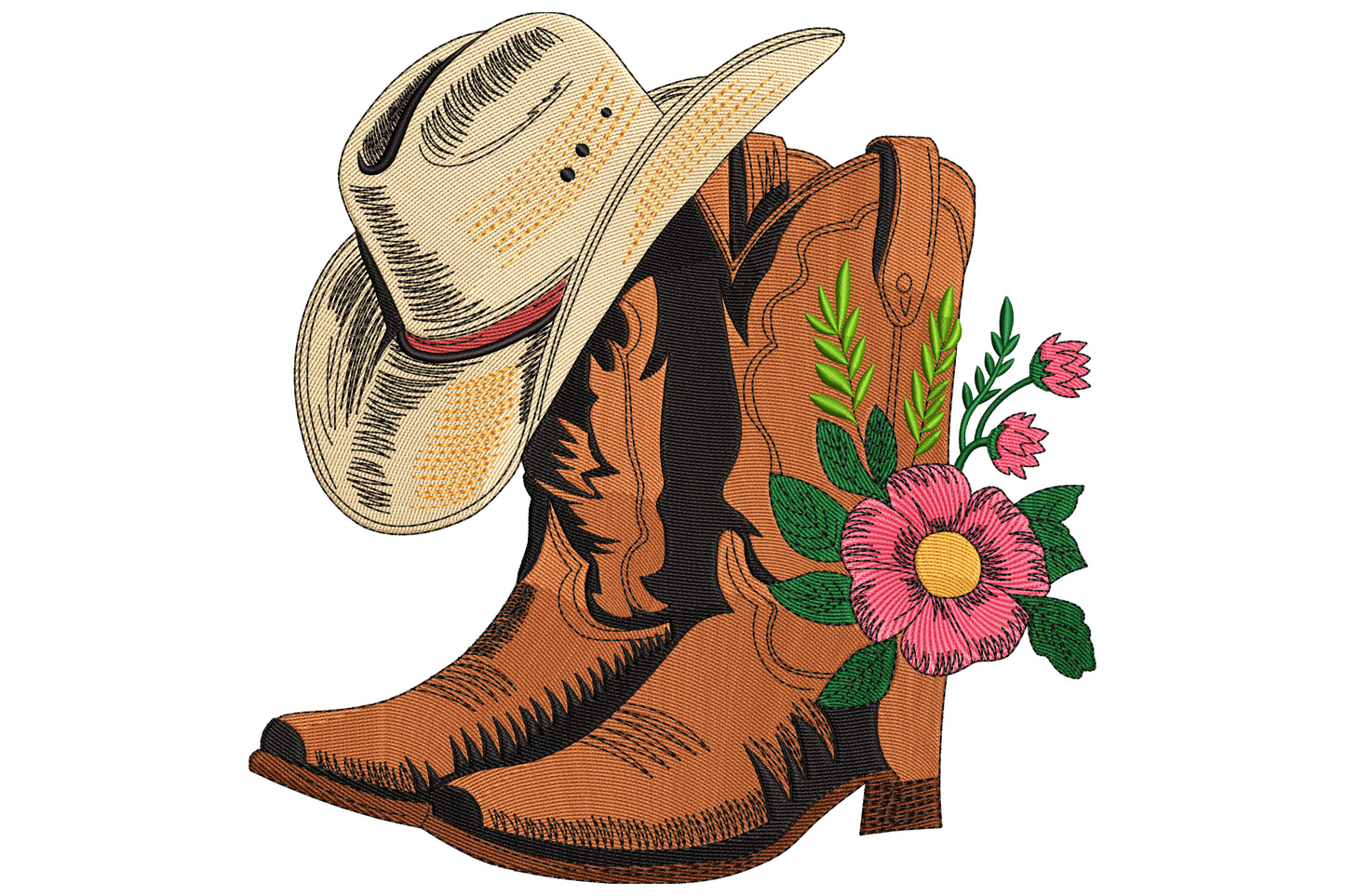 Cowboy boots and hat floral embroidery with tan leather boots, wide brim hat and loose rose and leaf wreath in 10 colours.