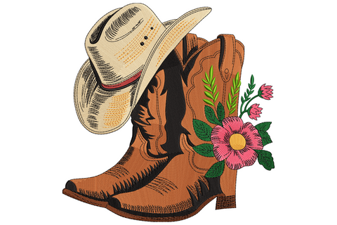 Cowboy boots and hat floral embroidery with tan leather boots, wide brim hat and loose rose and leaf wreath in 10 colours.