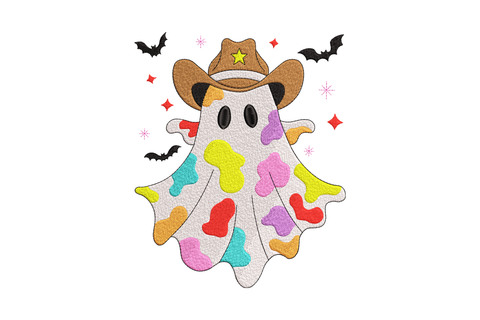 Cowboy color splash ghost embroidery design, white ghost with paint splat colors, brown cowboy hat and bats, 9-color Halloween machine embroidery