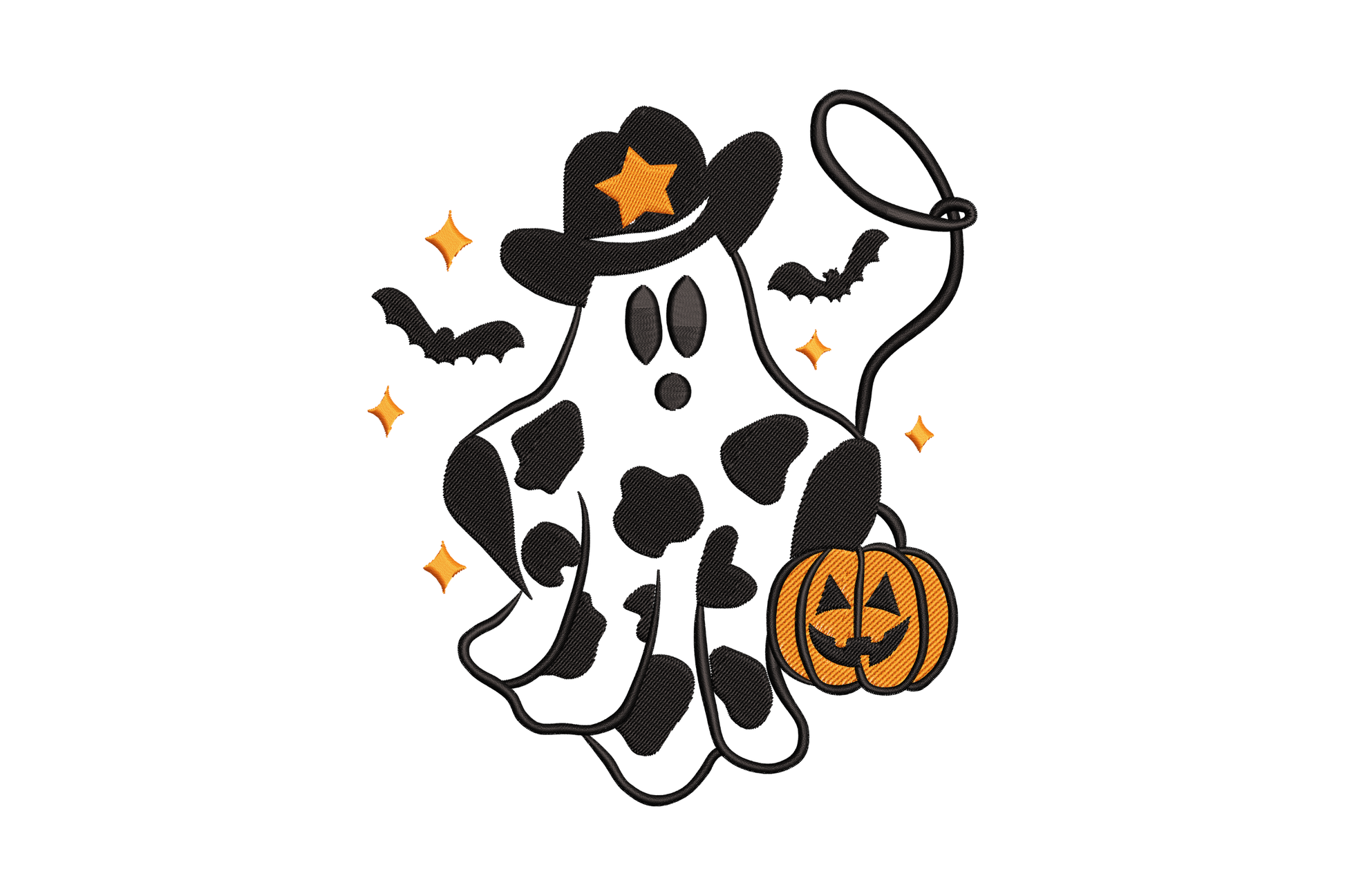 Cartoon cowboy ghost embroidery wearing a western hat and gold sheriff badge with black oval eyes on white fabric.