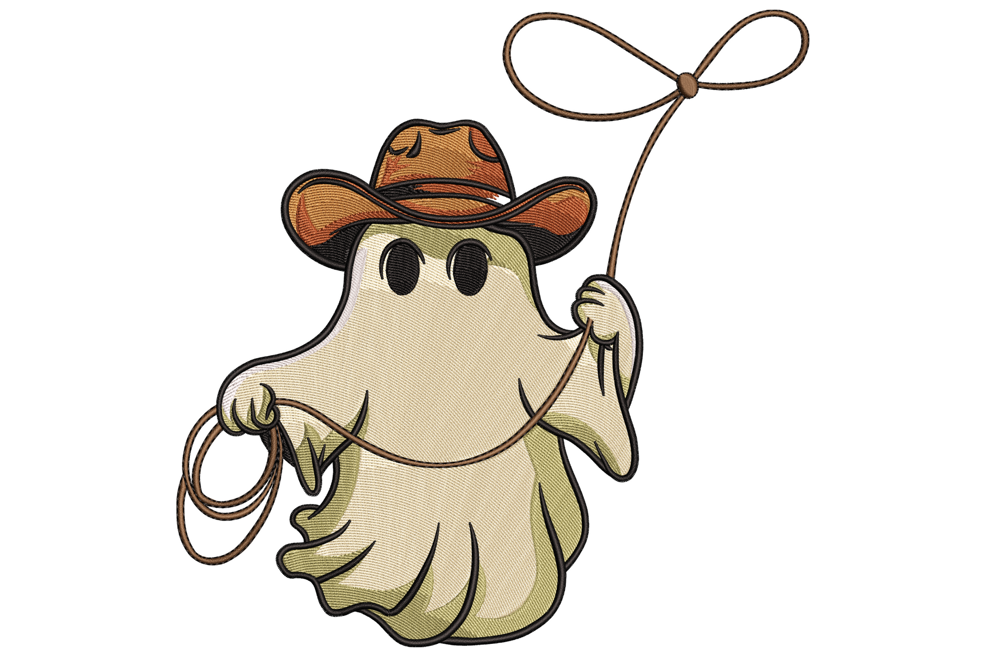 Cowboy ghost embroidery with wide brown hat and lasso in cream, khaki, brown and black.