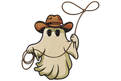 Cowboy ghost embroidery with wide brown hat and lasso in cream, khaki, brown and black.