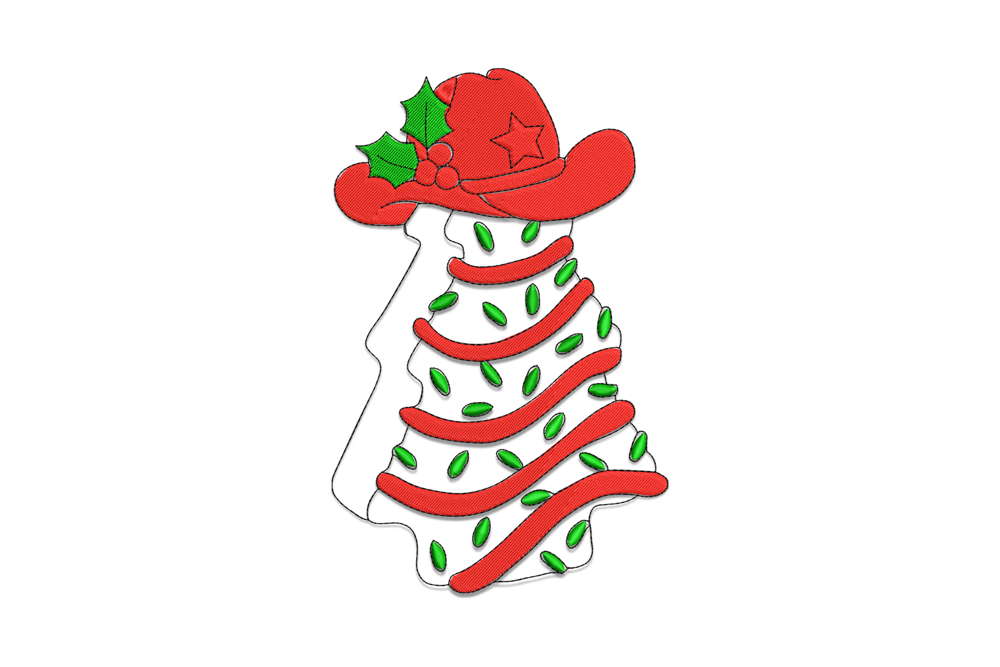 Cowboy hat Christmas tree embroidery design with green tree tiers, brown hat brim, ornaments and a gold star on top.