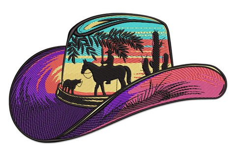 Cowboy hat embroidery design with desert sunset scene, black silhouette rider, cactus, palm and purple-to-pink brim.