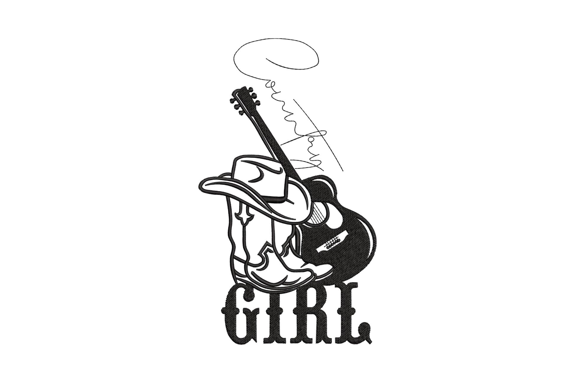 Black line art embroidery of a cowboy hat, boots and acoustic guitar stacked with the word GIRL in bold block lettering below
