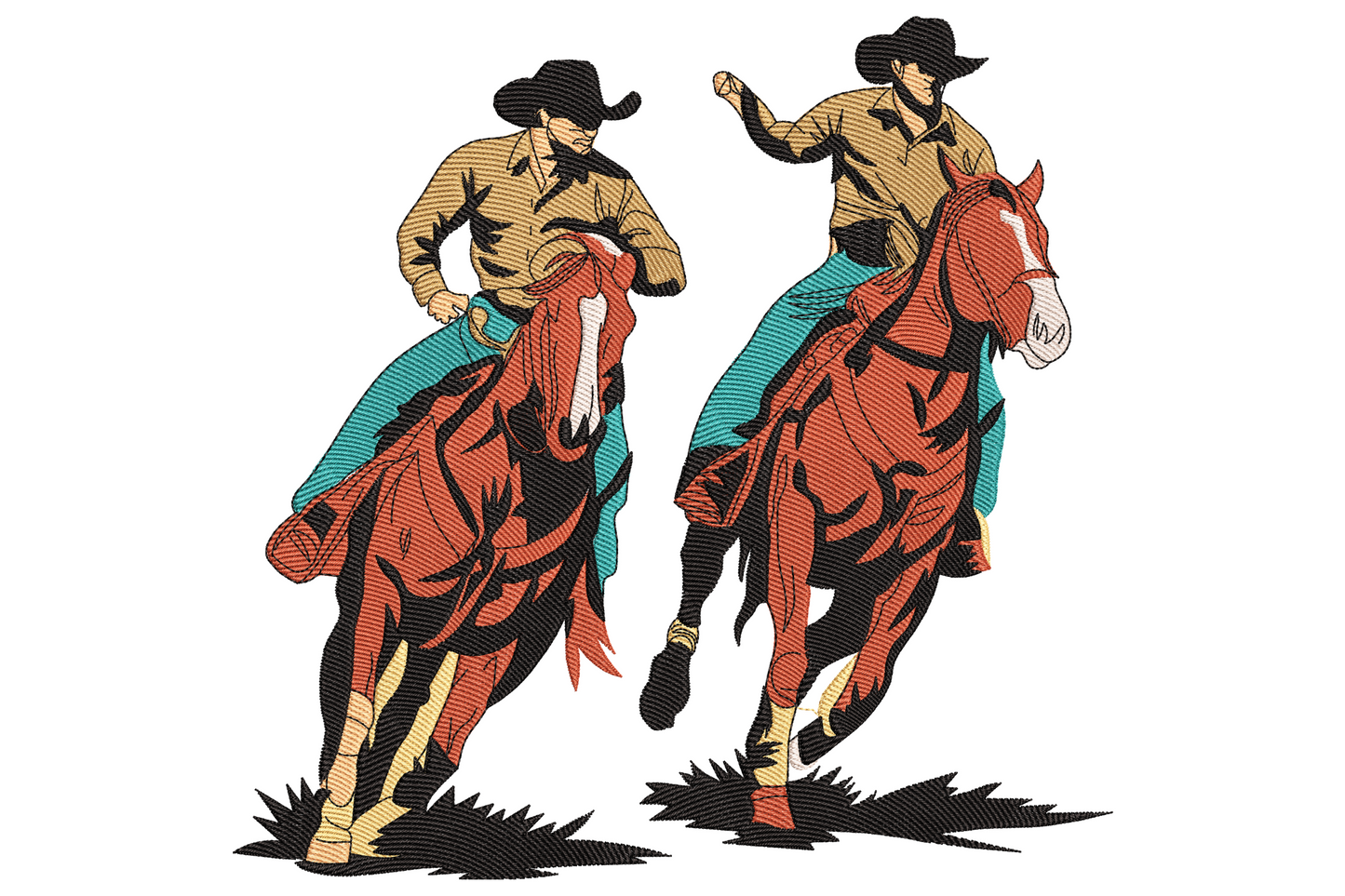 Action pose cowboy riding galloping horse with lasso swinging overhead, wide brim hat chaps and saddle, bold western rodeo embroidery design