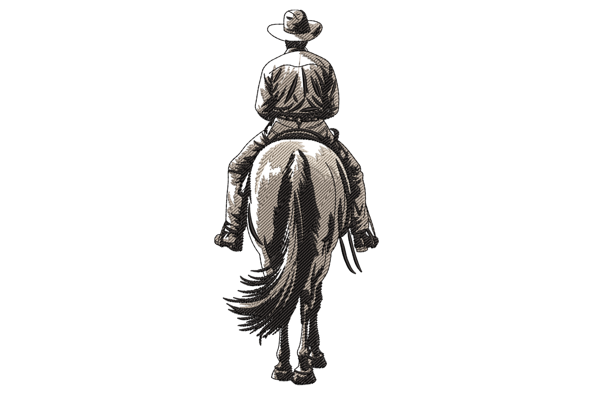 Silhouette cowboy riding galloping horse machine embroidery design, three colours warm brown and tan, vertical portrait composition on white background.
