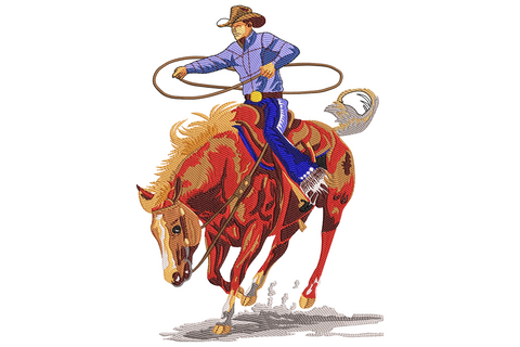 Cowboy roping horse embroidery design, rider mid-lasso-throw on galloping bay horse, ochre rope, denim jeans, tan hat, 24-color directional stitching.