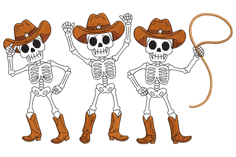 Cowboy skeleton trio embroidery design with three skeletons in hats and boots in dancing poses, one holding a lasso.