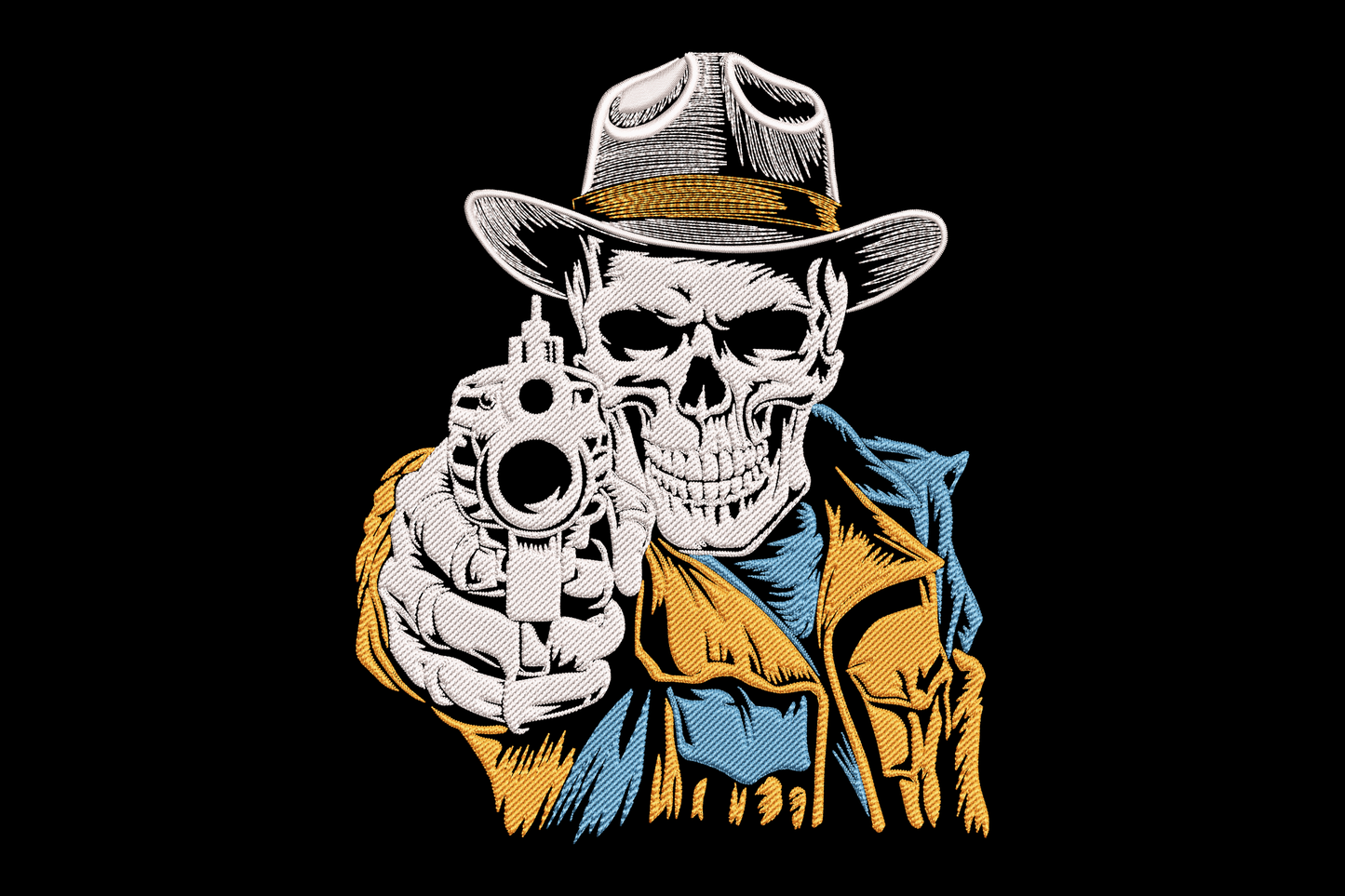Cowboy skull gunman embroidery, skull faced outlaw in wide brim hat pointing a revolver with orange shirt and blue bandana