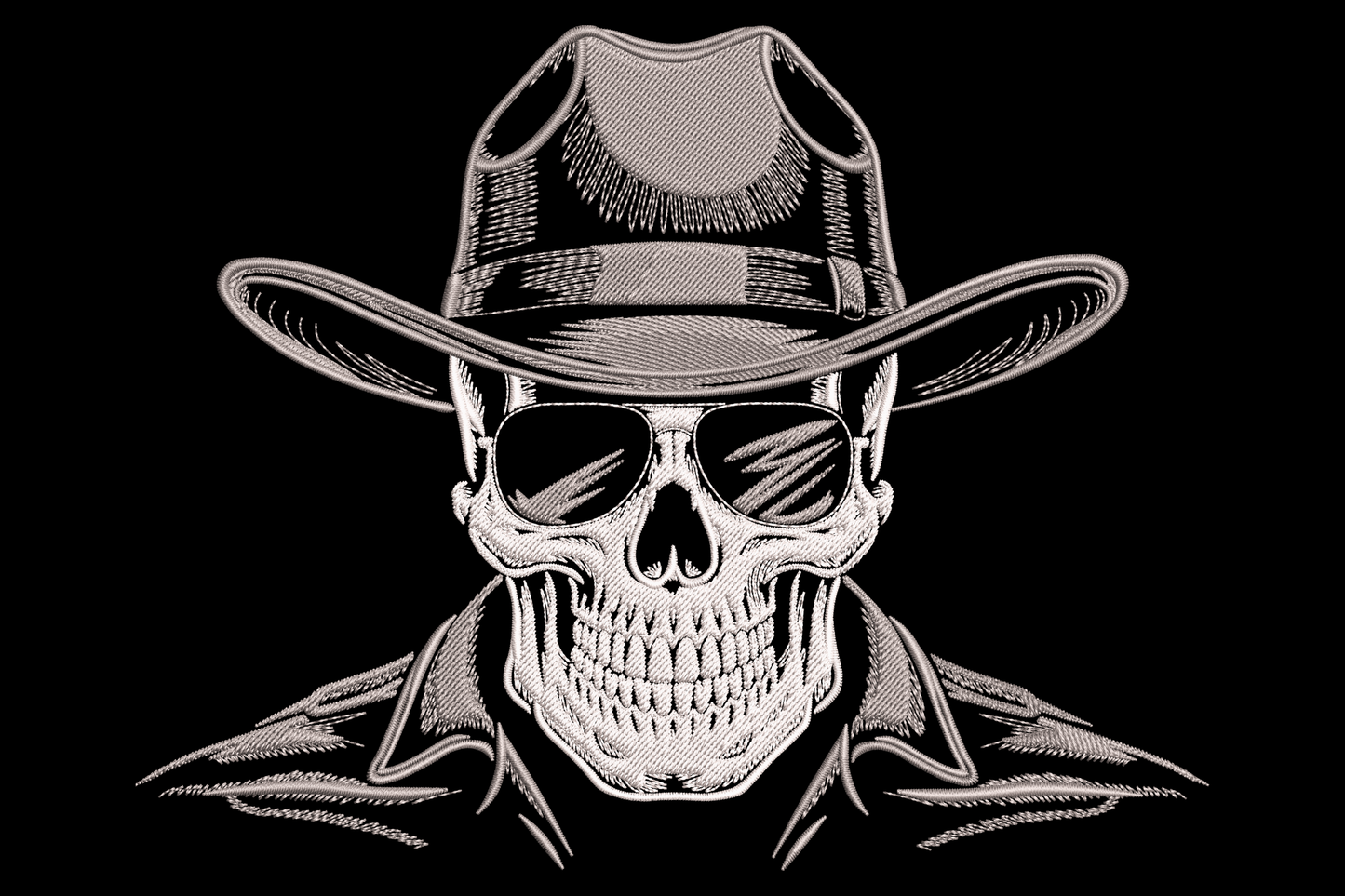 Cowboy skull with sunglasses embroidery, grey wide-brim hat and dark shades with tribal tendrils trailing from the jaw