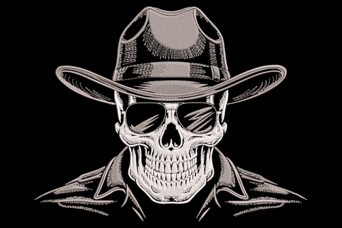 Cowboy skull with sunglasses embroidery, grey wide-brim hat and dark shades with tribal tendrils trailing from the jaw
