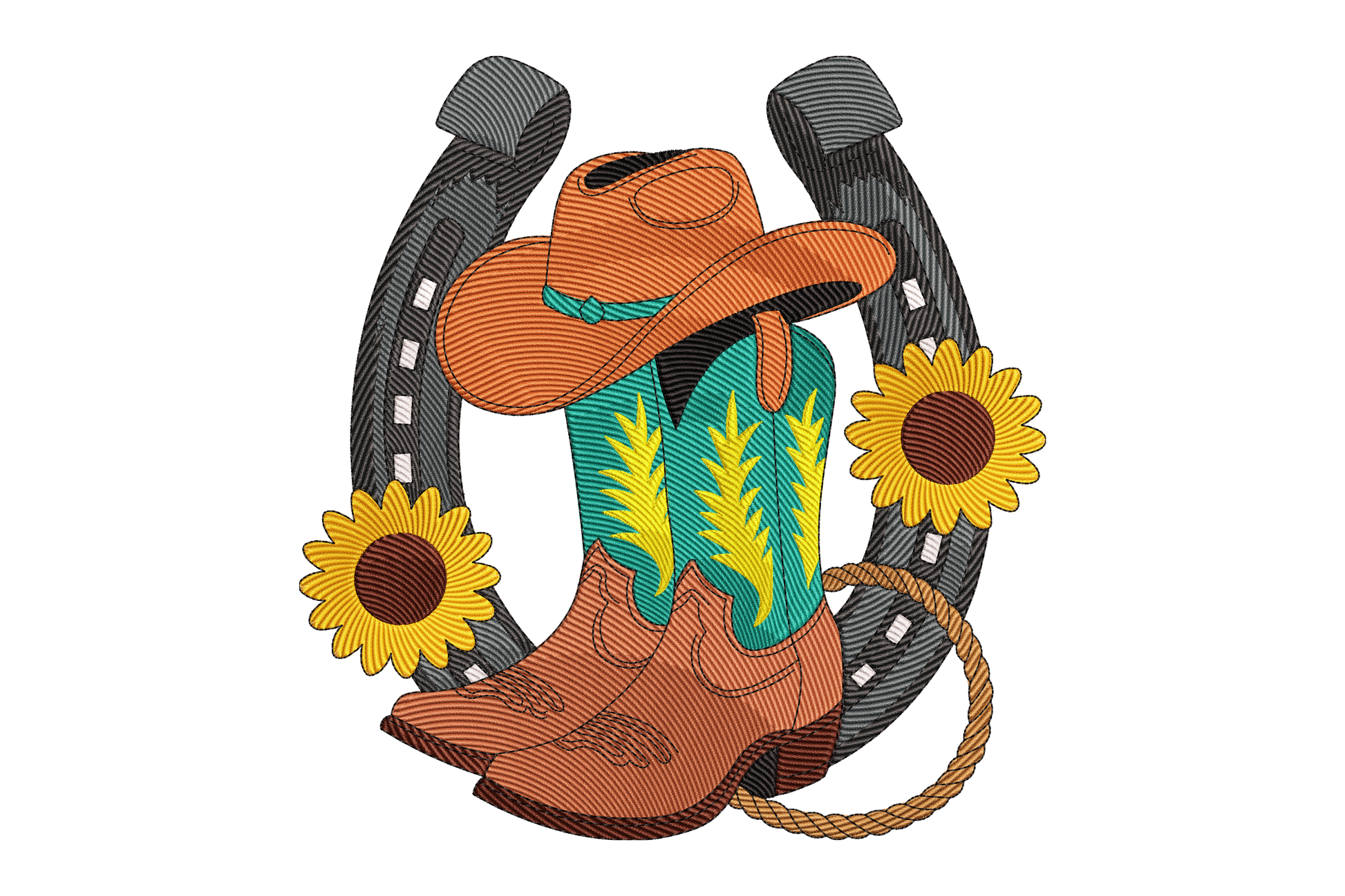 Embroidery design of cowboy boots, hat, and horseshoe with sunflowers on a white background