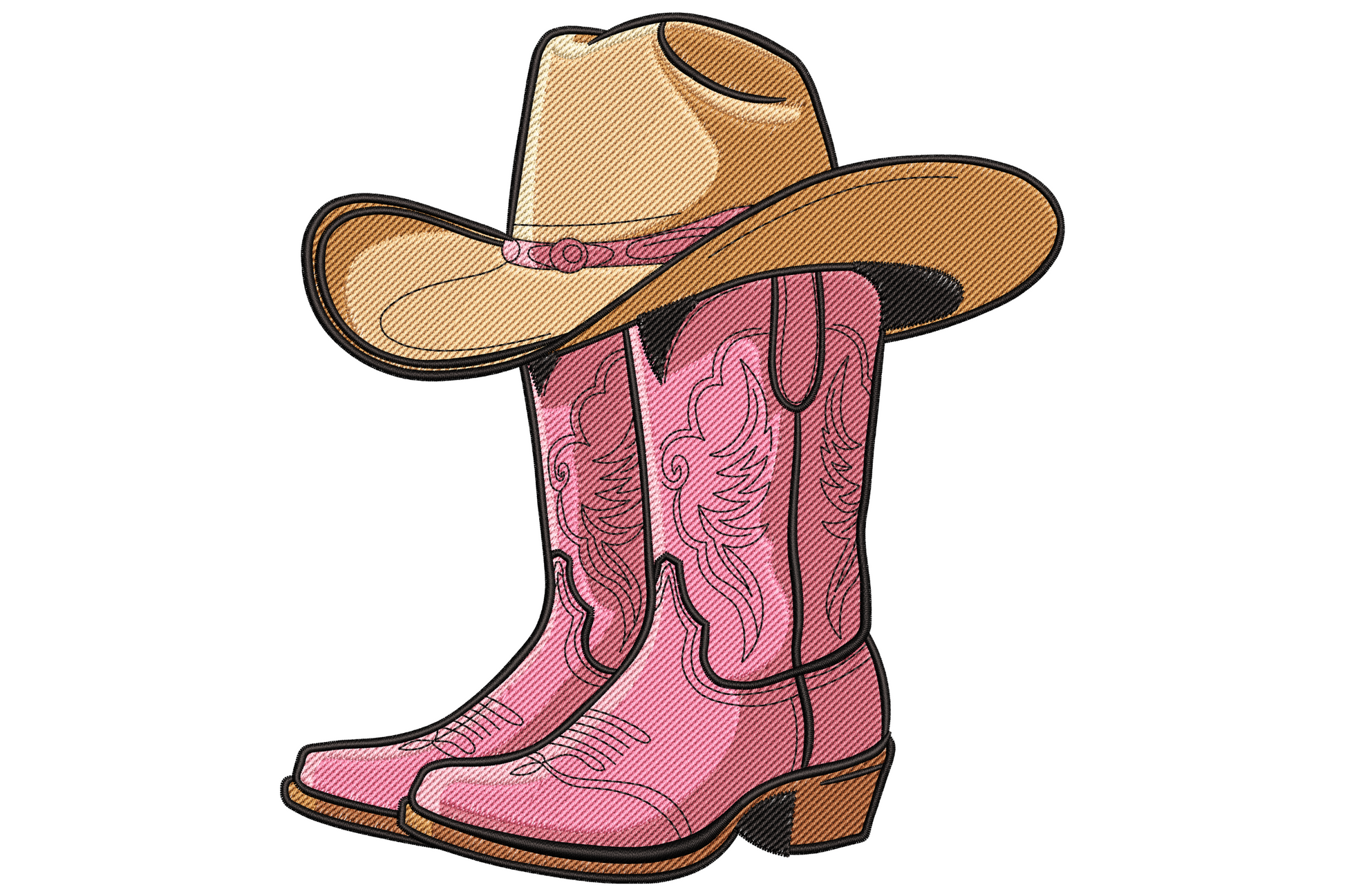 Cowgirl boots and hat embroidery, saddle tan boots with cream contrast stitching, wide-brim hat on top, western style.