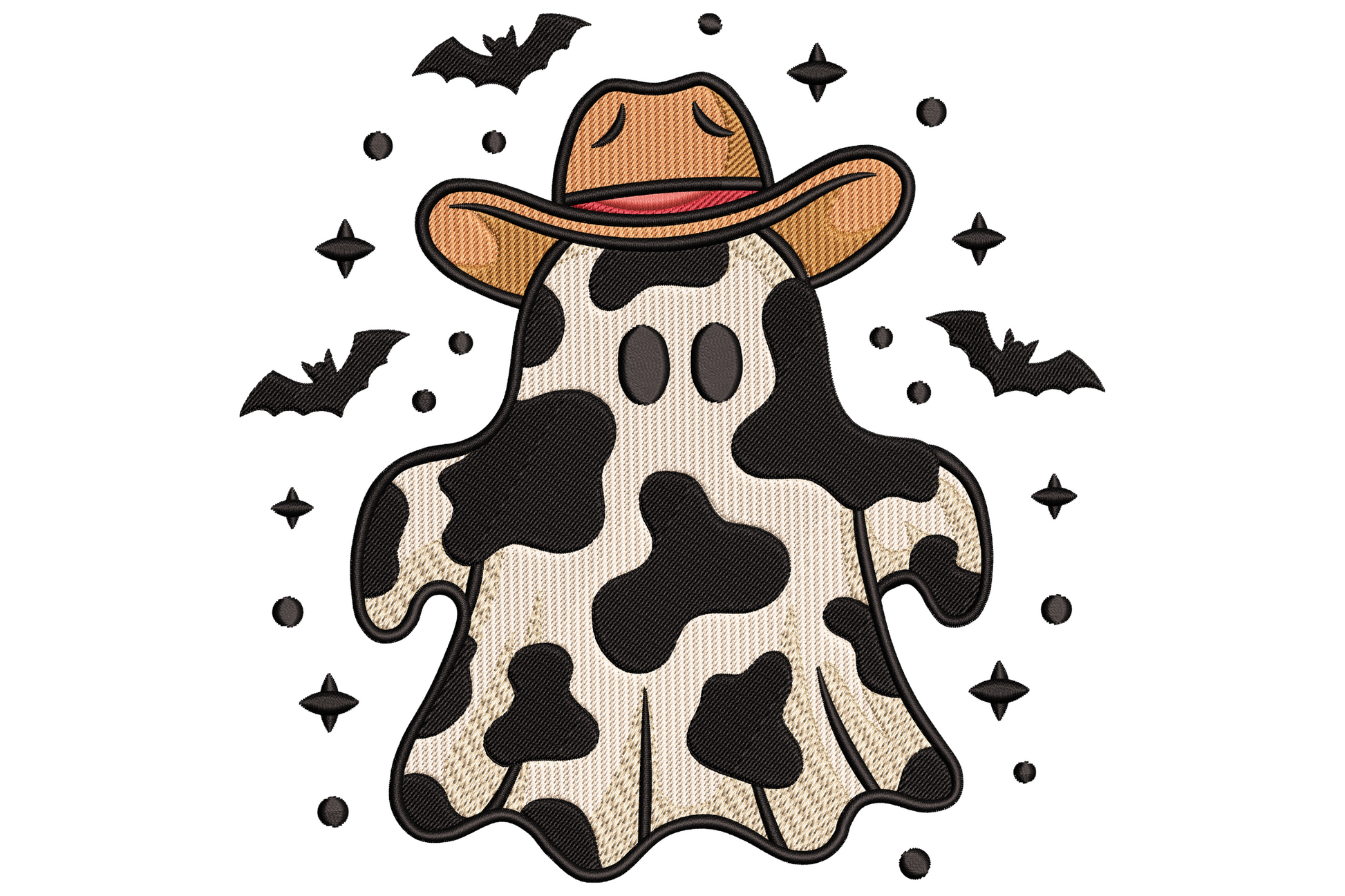 Cartoon cowgirl ghost wearing a wide-brimmed hat and boots, cream and warm orange tones, playful hand-drawn style, centred composition on white background.