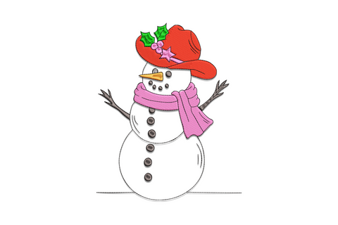 Cowgirl snowman embroidery design with white three-ball snowman, brown cowboy hat, boots, and red and orange scarf.
