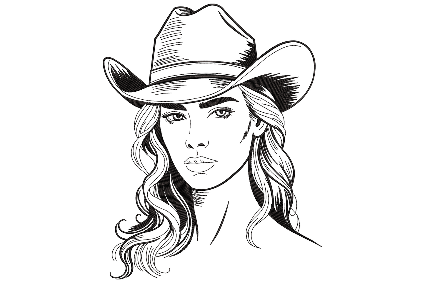 Cowgirl woman embroidery design in single black thread, line art portrait with cowboy hat and long wavy hair.
