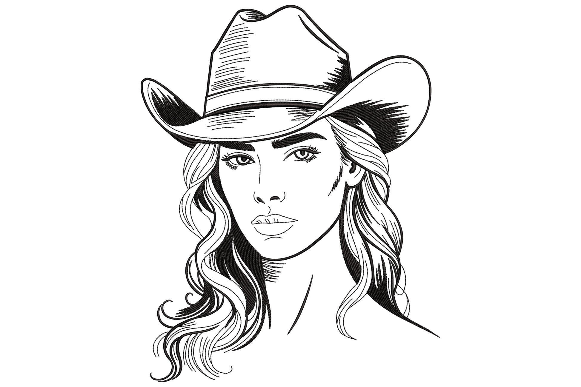 Cowgirl woman embroidery design in single black thread, line art portrait with cowboy hat and long wavy hair.