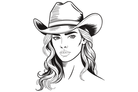 Cowgirl woman embroidery design in single black thread, line art portrait with cowboy hat and long wavy hair.