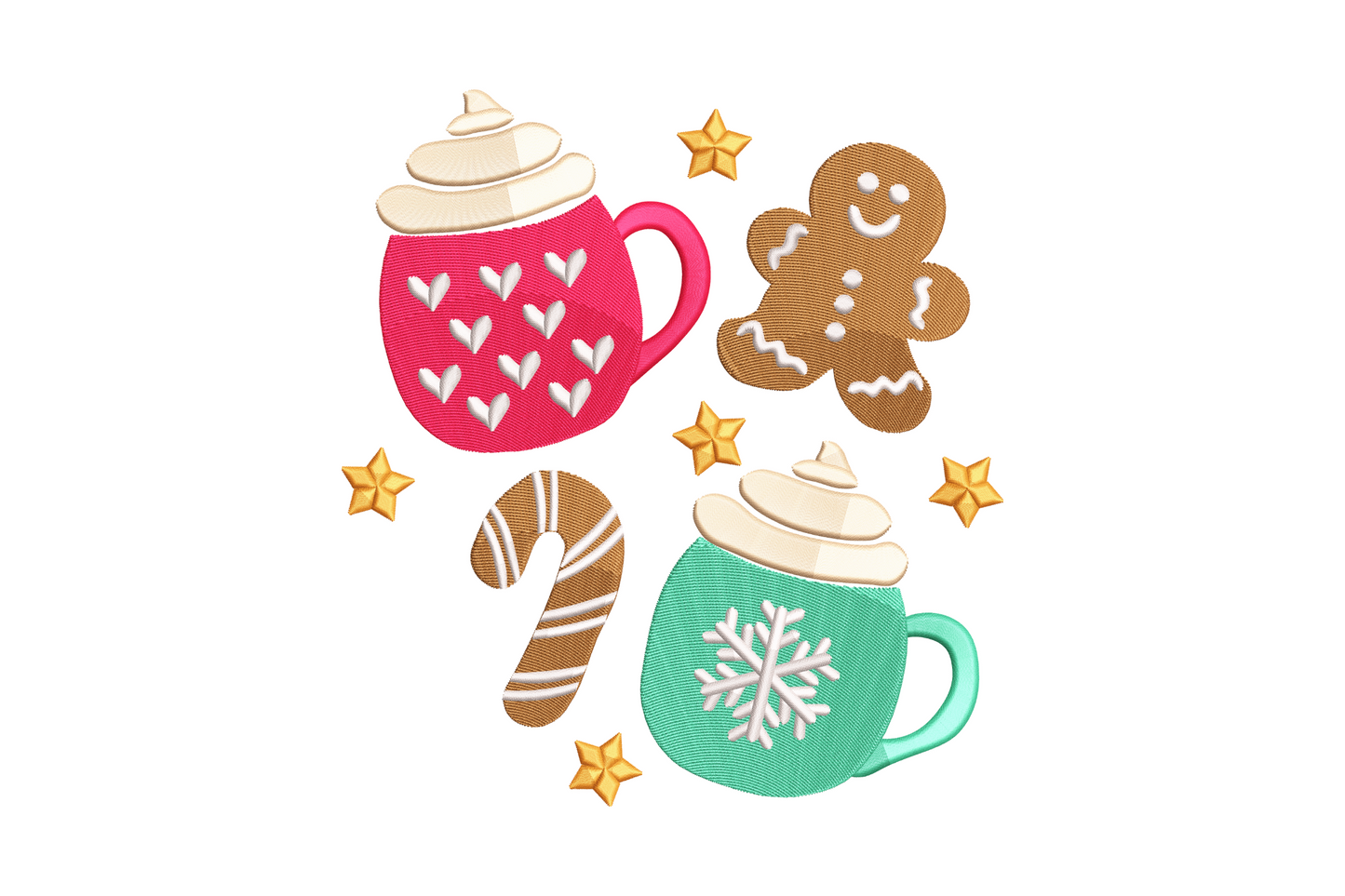 Cozy Christmas embroidery design, red cocoa mug, teal snowflake mug, gingerbread man, candy cane, 6 colors