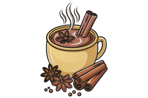 Hot cocoa mug embroidery with cinnamon stick, whipped cream dollop and steam curls in warm terracotta, chocolate brown and cream on linen.