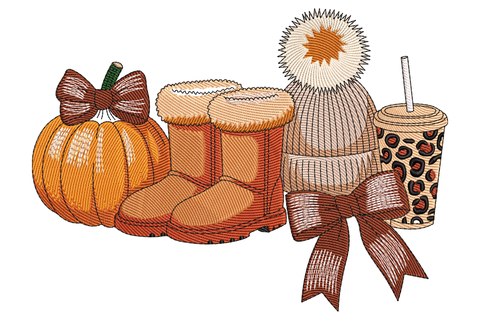 Cozy fall pumpkin boots machine embroidery design, ankle boots beside pumpkin with autumn leaves, sixteen colours, warm orange and brown palette, illustrative style.