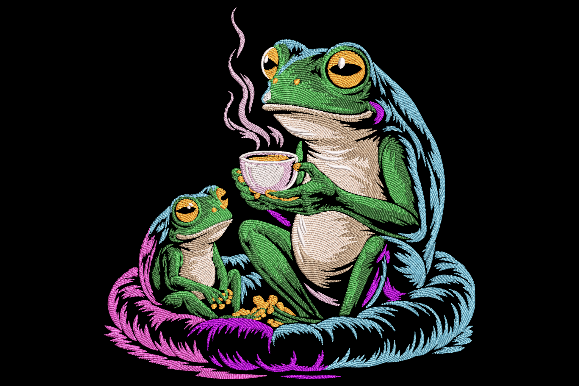 Two cartoon frogs sharing coffee embroidery design, big frog holding a steaming white cup, smaller frog beside on a pink swirly cushion.