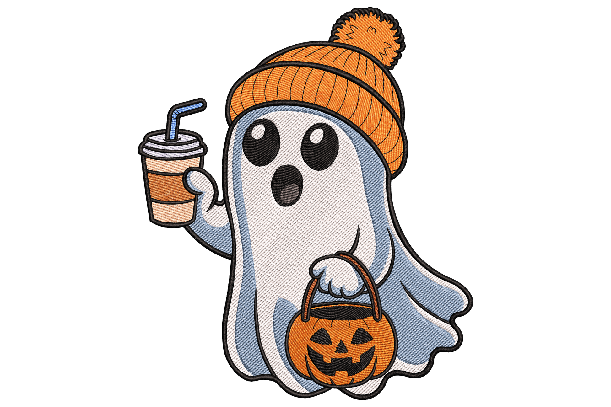 Cozy cartoon ghost holding an orange pumpkin bucket, soft rounded style, eleven colours with shadow tones, portrait orientation, 2.98 by 3.5 inches machine embroidery design