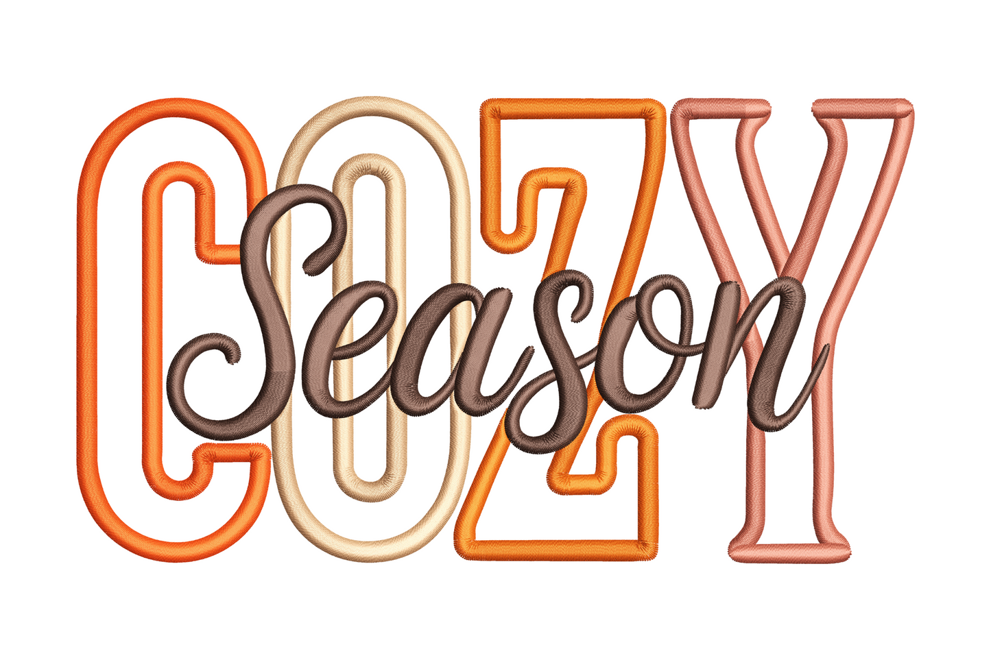 Cozy Season embroidery lettering design with COZY in fall coloured block letters and Season in dark brown cursive script overlay