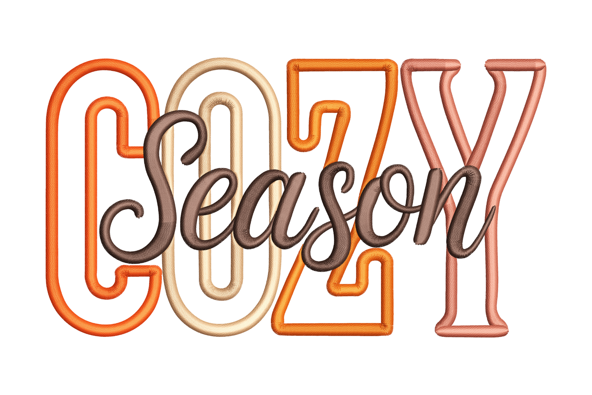 Cozy Season embroidery lettering design with COZY in fall coloured block letters and Season in dark brown cursive script overlay