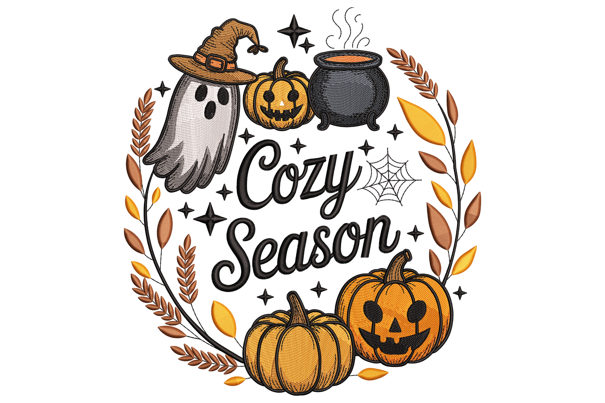 Cozy autumn halloween embroidery with steaming mug, pumpkins, fall leaves in amber and orange, small ghost accents, warm 22-colour palette on neutral background.