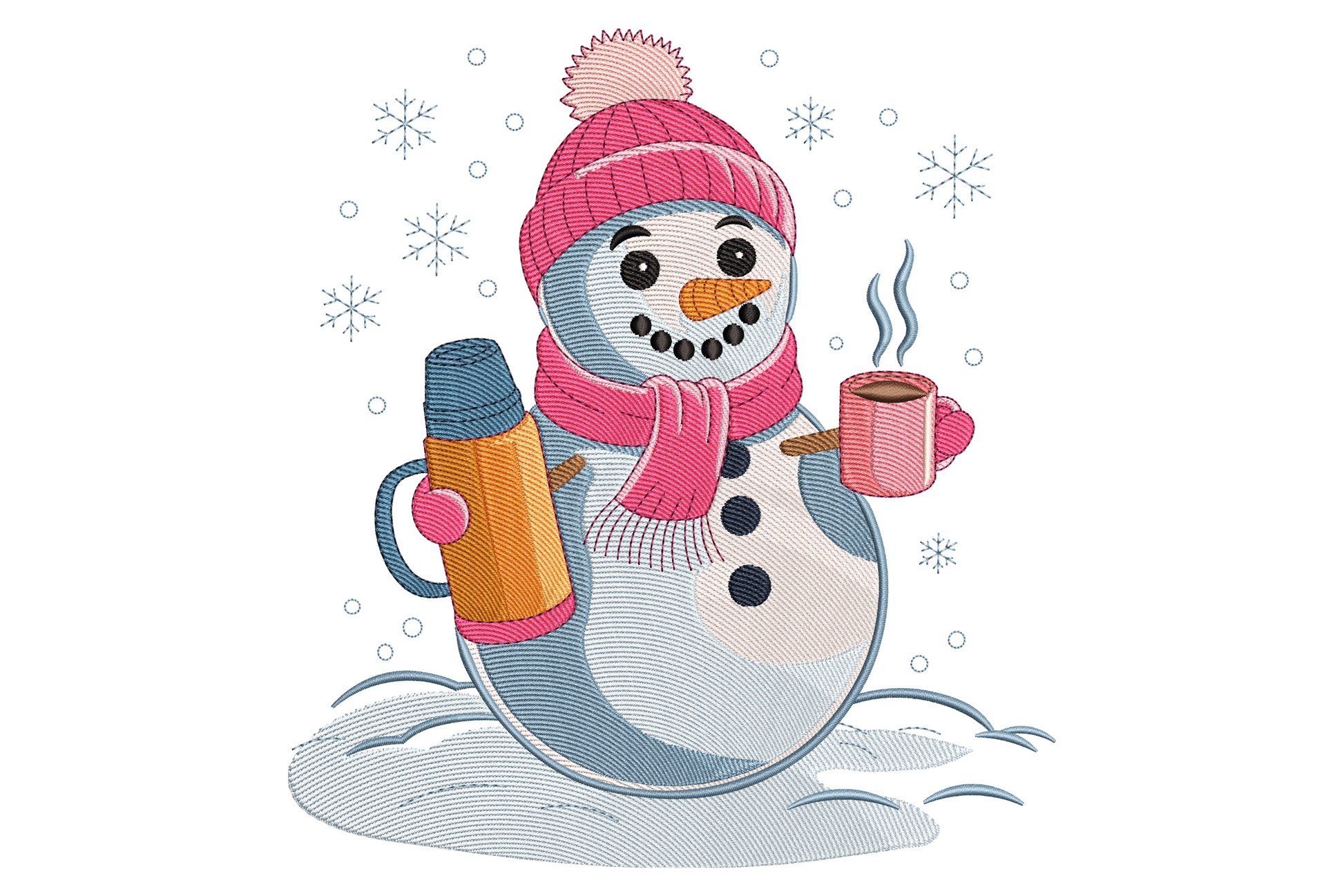 Soft blue snowman with pink pom pom beanie and scarf holding orange thermos and pink coffee mug with snowflakes embroidery design
