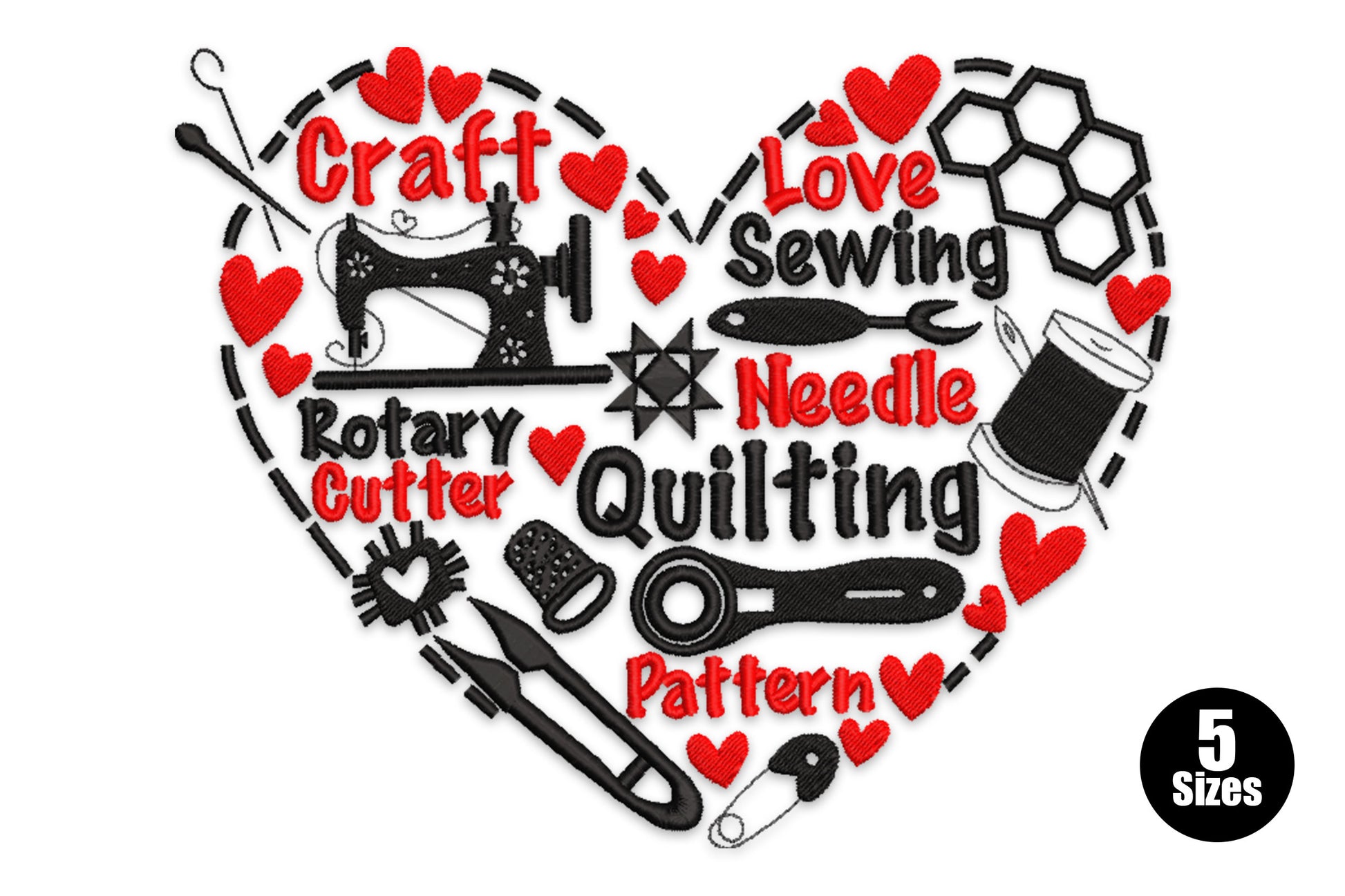 Craft love sewing heart embroidery, red and black word collage with sewing machine and scissors inside a dashed heart border.
