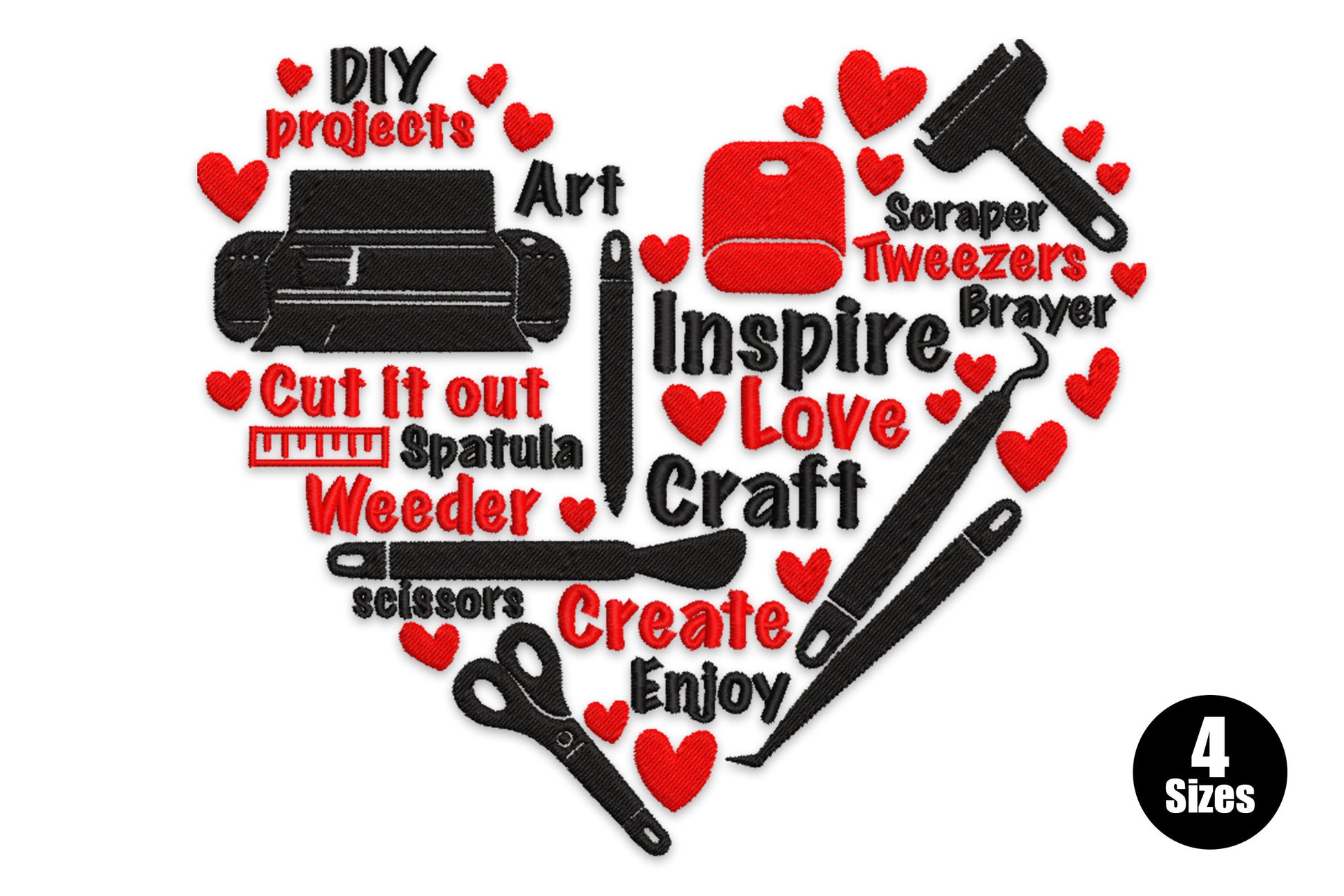 Craft tools heart embroidery design with red and black cutting machine, scissors, weeder, brayer and bold crafting words packed into a heart shape.