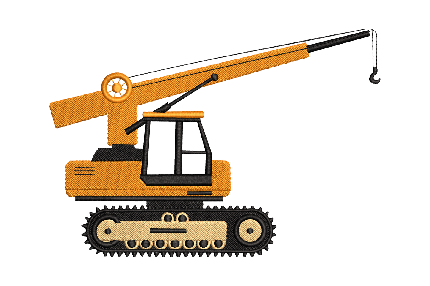 Crawler crane side profile machine embroidery design in orange, black and sand, showing boom arm, cab and rubber tracks
