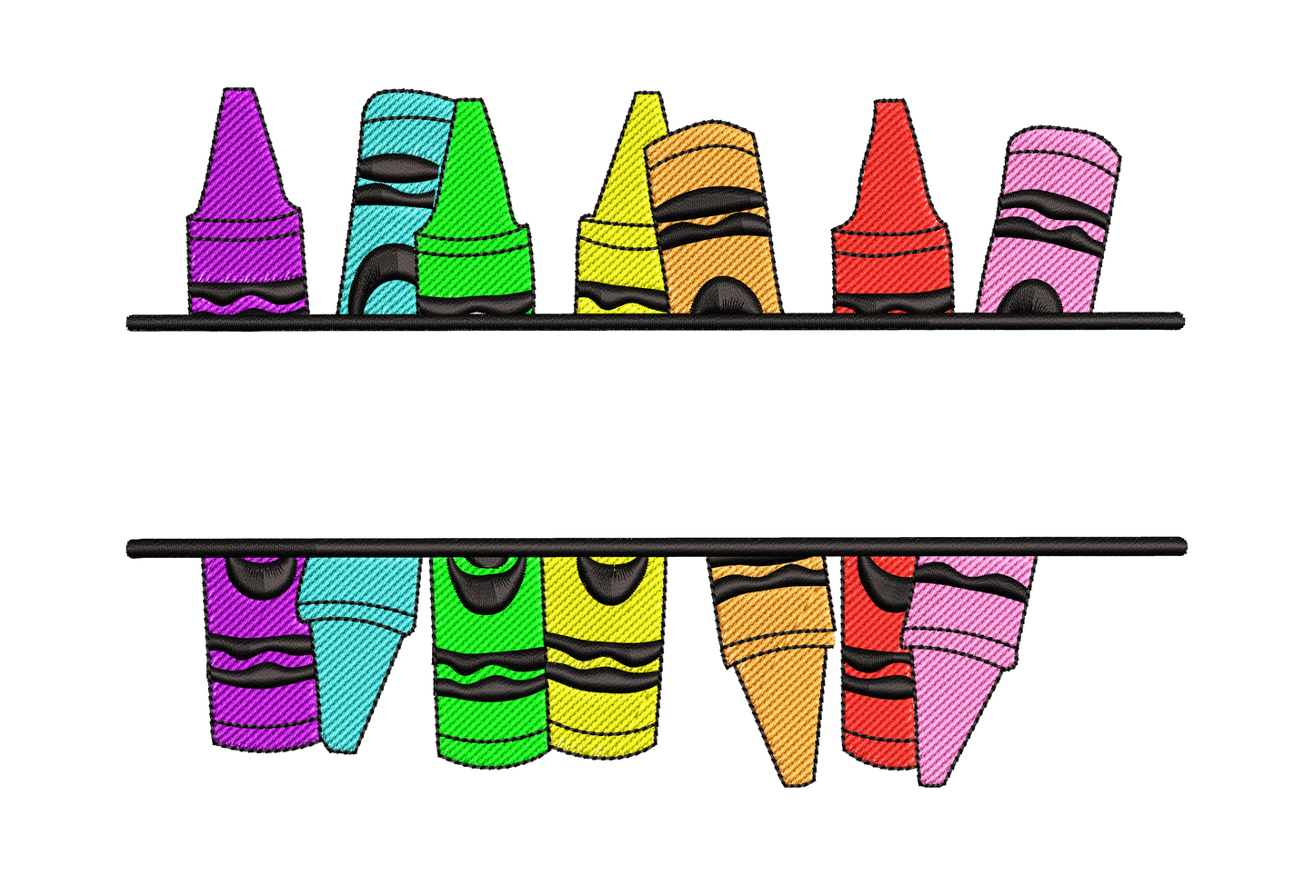 Split crayon border embroidery with 7 rainbow crayons on two horizontal baselines, gap in centre for name or monogram.