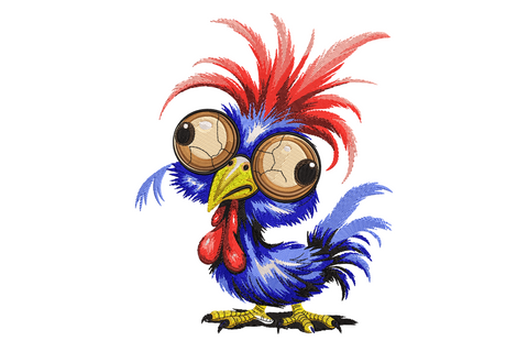 Crazy cartoon chicken embroidery design with wings spread wide, scarlet comb, open amber beak, and big round panic eyes in butter yellow and amber thread on white fabric